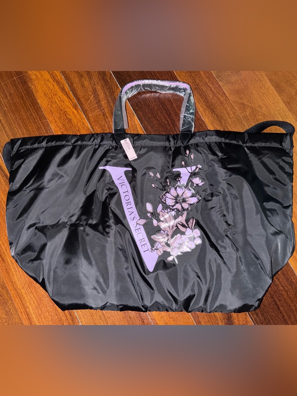 Victoria's Secret Black Puffer Tote with Lilac Floral V Logo